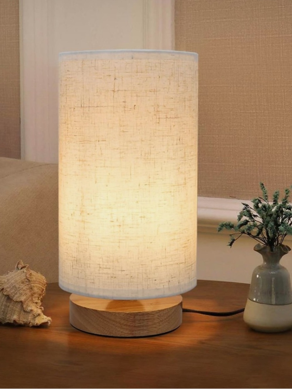 Modern Table Lamp with Linen Shade and Wood Base - Neutral Beige